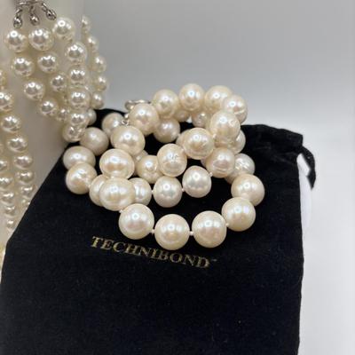 LOT 92: Technibond Faux Pearl Necklace w/925 Sterling Silver Clasp & Graziano Multi Strand Faux Pearl Necklace w/Matching Bracelet