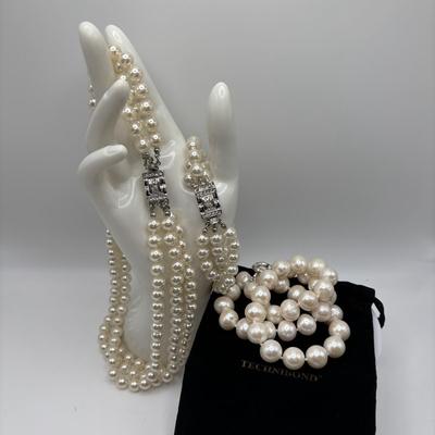 LOT 92: Technibond Faux Pearl Necklace w/925 Sterling Silver Clasp & Graziano Multi Strand Faux Pearl Necklace w/Matching Bracelet
