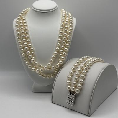 LOT 92: Technibond Faux Pearl Necklace w/925 Sterling Silver Clasp & Graziano Multi Strand Faux Pearl Necklace w/Matching Bracelet