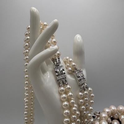 LOT 92: Technibond Faux Pearl Necklace w/925 Sterling Silver Clasp & Graziano Multi Strand Faux Pearl Necklace w/Matching Bracelet