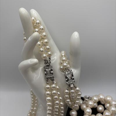 LOT 92: Technibond Faux Pearl Necklace w/925 Sterling Silver Clasp & Graziano Multi Strand Faux Pearl Necklace w/Matching Bracelet