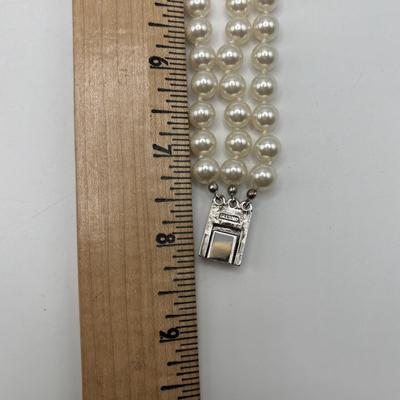 LOT 92: Technibond Faux Pearl Necklace w/925 Sterling Silver Clasp & Graziano Multi Strand Faux Pearl Necklace w/Matching Bracelet