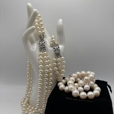 LOT 92: Technibond Faux Pearl Necklace w/925 Sterling Silver Clasp & Graziano Multi Strand Faux Pearl Necklace w/Matching Bracelet