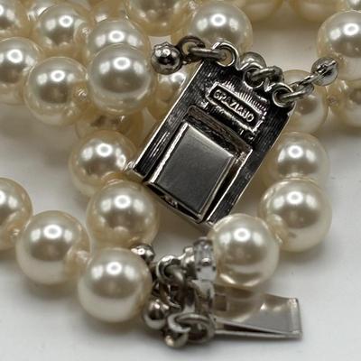 LOT 92: Technibond Faux Pearl Necklace w/925 Sterling Silver Clasp & Graziano Multi Strand Faux Pearl Necklace w/Matching Bracelet