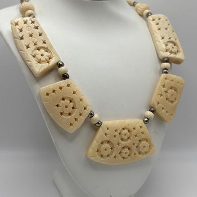 LOT 95: Made in Egypt Necklace Collection: Beaded Collar, Drop Choker & Bib Styles along with Carved Bone & Bead