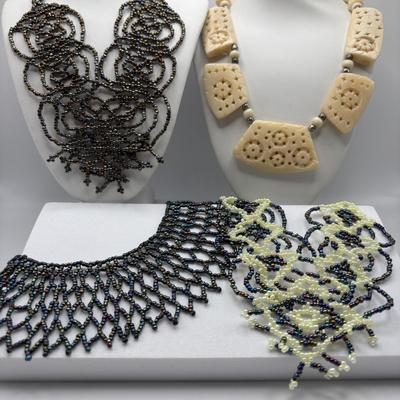 LOT 95: Made in Egypt Necklace Collection: Beaded Collar, Drop Choker & Bib Styles along with Carved Bone & Bead