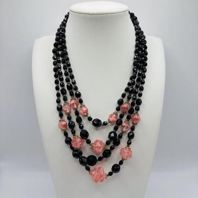 LOT 97: Vintage Multi Strand Black Faceted w/Pink Faceted Accent Beads Necklace along with 3 Black Faceted Bead Necklaces & More
