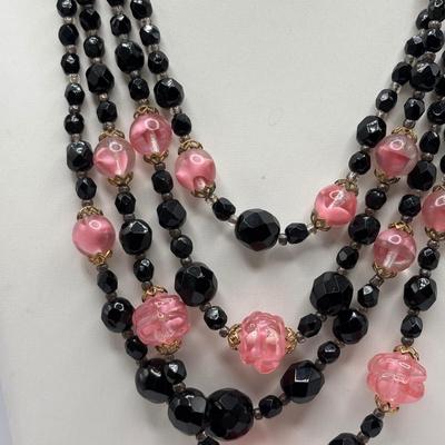 LOT 97: Vintage Multi Strand Black Faceted w/Pink Faceted Accent Beads Necklace along with 3 Black Faceted Bead Necklaces & More