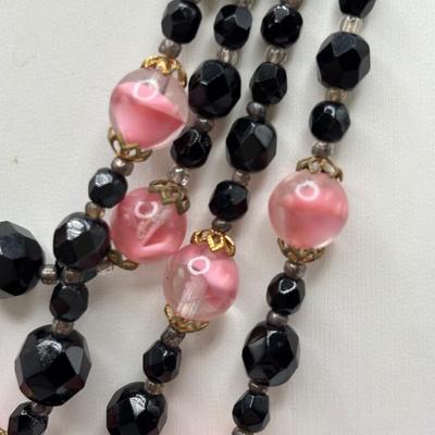 LOT 97: Vintage Multi Strand Black Faceted w/Pink Faceted Accent Beads Necklace along with 3 Black Faceted Bead Necklaces & More