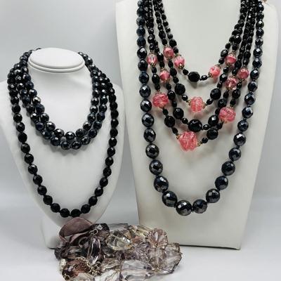 LOT 97: Vintage Multi Strand Black Faceted w/Pink Faceted Accent Beads Necklace along with 3 Black Faceted Bead Necklaces & More