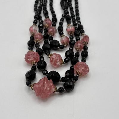 LOT 97: Vintage Multi Strand Black Faceted w/Pink Faceted Accent Beads Necklace along with 3 Black Faceted Bead Necklaces & More
