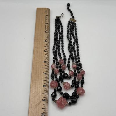 LOT 97: Vintage Multi Strand Black Faceted w/Pink Faceted Accent Beads Necklace along with 3 Black Faceted Bead Necklaces & More
