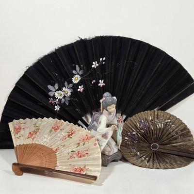 LOT 138: Vintage Cloth and Wood Hand-Painted Fan, Antique Mouring Hand Fan, Vintage Bamboo Hand Fan, and Lladro Kiyoko Porcelain Figurine