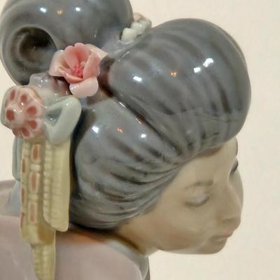 LOT 138: Vintage Cloth and Wood Hand-Painted Fan, Antique Mouring Hand Fan, Vintage Bamboo Hand Fan, and Lladro Kiyoko Porcelain Figurine