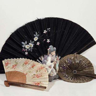 LOT 138: Vintage Cloth and Wood Hand-Painted Fan, Antique Mouring Hand Fan, Vintage Bamboo Hand Fan, and Lladro Kiyoko Porcelain Figurine