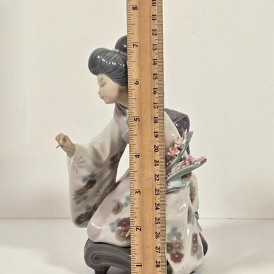 LOT 138: Vintage Cloth and Wood Hand-Painted Fan, Antique Mouring Hand Fan, Vintage Bamboo Hand Fan, and Lladro Kiyoko Porcelain Figurine