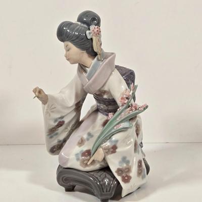 LOT 138: Vintage Cloth and Wood Hand-Painted Fan, Antique Mouring Hand Fan, Vintage Bamboo Hand Fan, and Lladro Kiyoko Porcelain Figurine