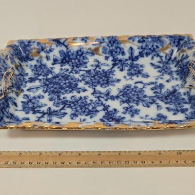 LOT 142: Mercer China Serving Plate and 12 Matching Desert Bowls with Gold-tone Accents