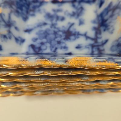 LOT 142: Mercer China Serving Plate and 12 Matching Desert Bowls with Gold-tone Accents