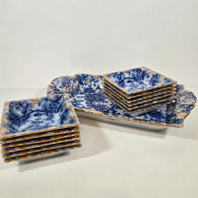 LOT 142: Mercer China Serving Plate and 12 Matching Desert Bowls with Gold-tone Accents