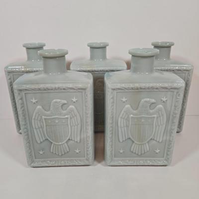 LOT 143: Vintage J.W. Dant Americana Collection Milk Glass Whiskey Decanters from the 1960s.