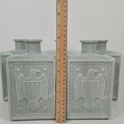 LOT 143: Vintage J.W. Dant Americana Collection Milk Glass Whiskey Decanters from the 1960s.