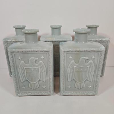 LOT 143: Vintage J.W. Dant Americana Collection Milk Glass Whiskey Decanters from the 1960s.