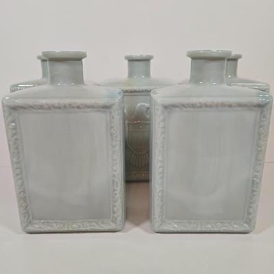 LOT 143: Vintage J.W. Dant Americana Collection Milk Glass Whiskey Decanters from the 1960s.