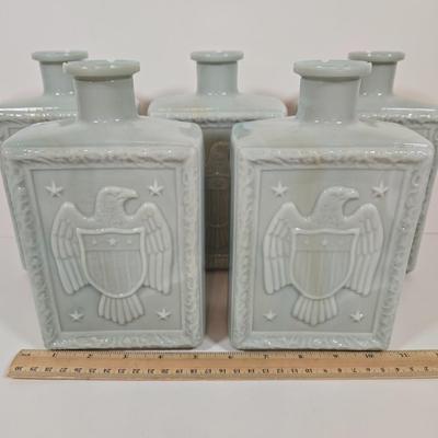 LOT 143: Vintage J.W. Dant Americana Collection Milk Glass Whiskey Decanters from the 1960s.