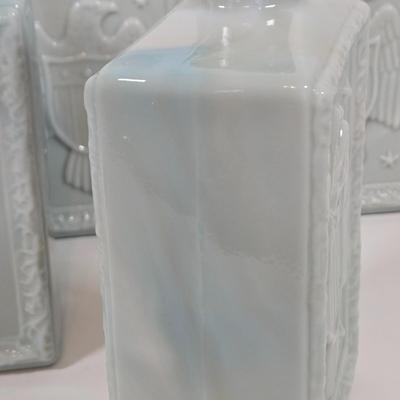 LOT 143: Vintage J.W. Dant Americana Collection Milk Glass Whiskey Decanters from the 1960s.