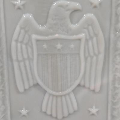 LOT 143: Vintage J.W. Dant Americana Collection Milk Glass Whiskey Decanters from the 1960s.