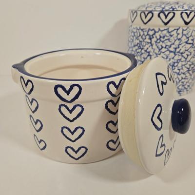 LOT 146: Two Bears Pottery " Loving Hearts" Canister Set Of 2/Hand Painted, Pfaltzgraff Yorktowne Jug, Vintage Lapid Hand...