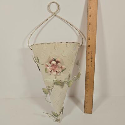 LOT 148: Pair of Vintage Wall Floral Candles Sconces, Metal Wall Pocket Planter, Distressed Metal Candle Holder, and More