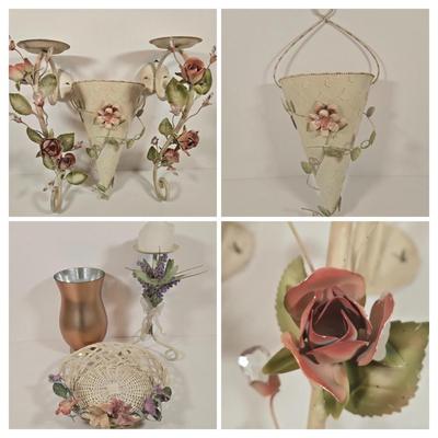 LOT 148: Pair of Vintage Wall Floral Candles Sconces, Metal Wall Pocket Planter, Distressed Metal Candle Holder, and More