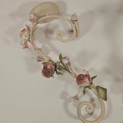 LOT 148: Pair of Vintage Wall Floral Candles Sconces, Metal Wall Pocket Planter, Distressed Metal Candle Holder, and More