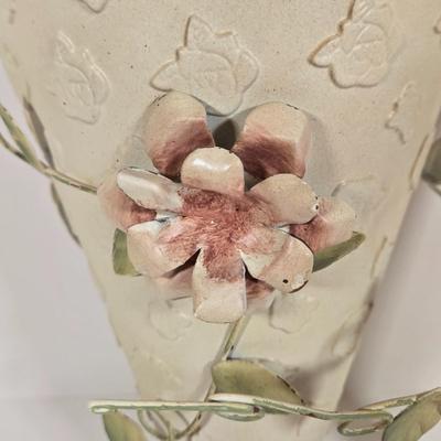 LOT 148: Pair of Vintage Wall Floral Candles Sconces, Metal Wall Pocket Planter, Distressed Metal Candle Holder, and More