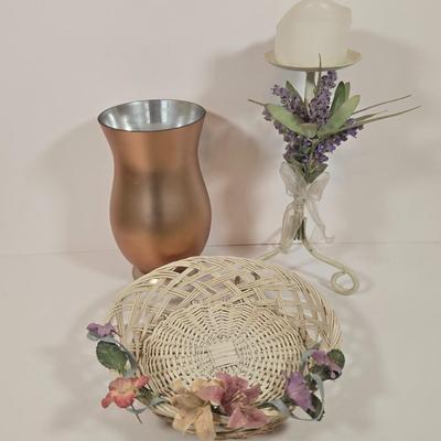 LOT 148: Pair of Vintage Wall Floral Candles Sconces, Metal Wall Pocket Planter, Distressed Metal Candle Holder, and More