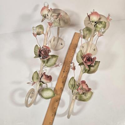 LOT 148: Pair of Vintage Wall Floral Candles Sconces, Metal Wall Pocket Planter, Distressed Metal Candle Holder, and More