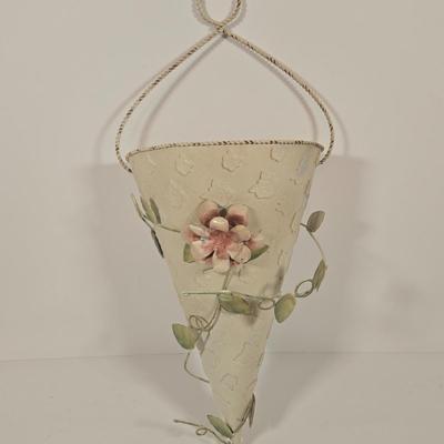 LOT 148: Pair of Vintage Wall Floral Candles Sconces, Metal Wall Pocket Planter, Distressed Metal Candle Holder, and More