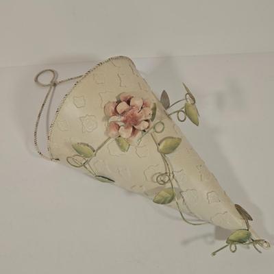 LOT 148: Pair of Vintage Wall Floral Candles Sconces, Metal Wall Pocket Planter, Distressed Metal Candle Holder, and More