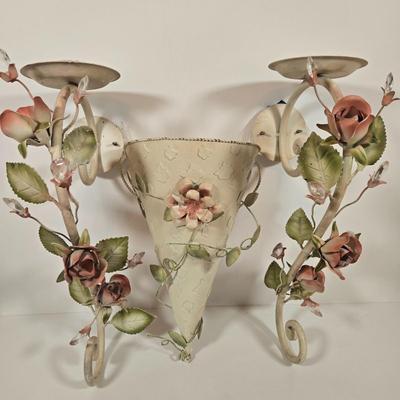 LOT 148: Pair of Vintage Wall Floral Candles Sconces, Metal Wall Pocket Planter, Distressed Metal Candle Holder, and More