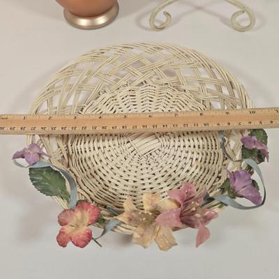 LOT 148: Pair of Vintage Wall Floral Candles Sconces, Metal Wall Pocket Planter, Distressed Metal Candle Holder, and More