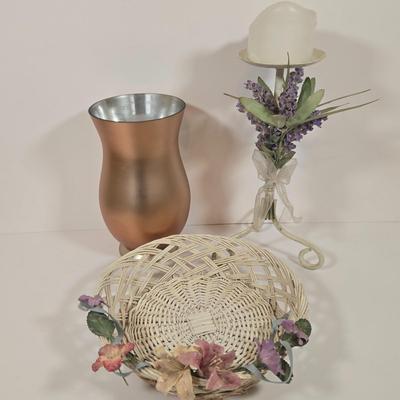 LOT 148: Pair of Vintage Wall Floral Candles Sconces, Metal Wall Pocket Planter, Distressed Metal Candle Holder, and More