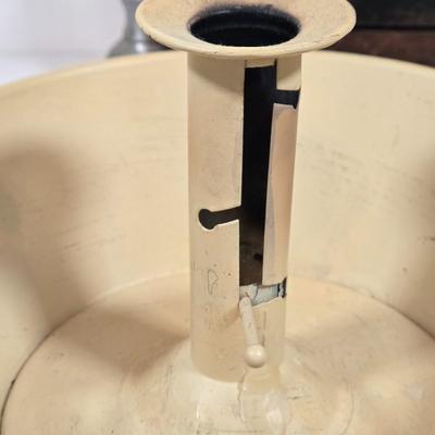 LOT 149: Primitive Tin Antique Poached Egg Maker, Antique Wood and Cast Iron Manuel Coffee Grinder, Chamberstick Candle Holder, and More