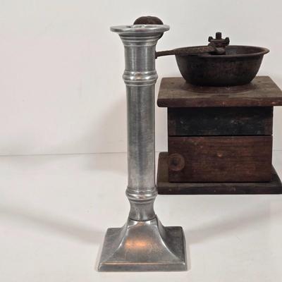 LOT 149: Primitive Tin Antique Poached Egg Maker, Antique Wood and Cast Iron Manuel Coffee Grinder, Chamberstick Candle Holder, and More