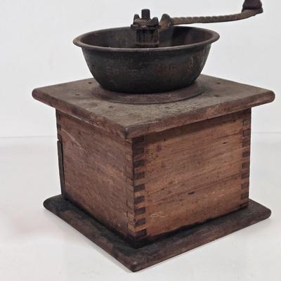 LOT 149: Primitive Tin Antique Poached Egg Maker, Antique Wood and Cast Iron Manuel Coffee Grinder, Chamberstick Candle Holder, and More