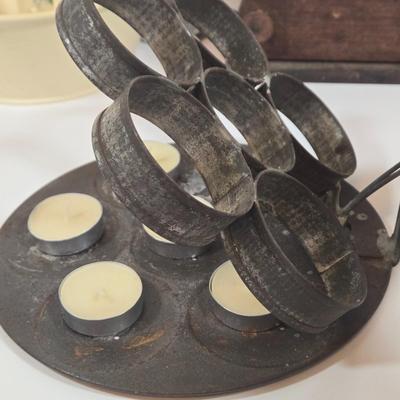 LOT 149: Primitive Tin Antique Poached Egg Maker, Antique Wood and Cast Iron Manuel Coffee Grinder, Chamberstick Candle Holder, and More