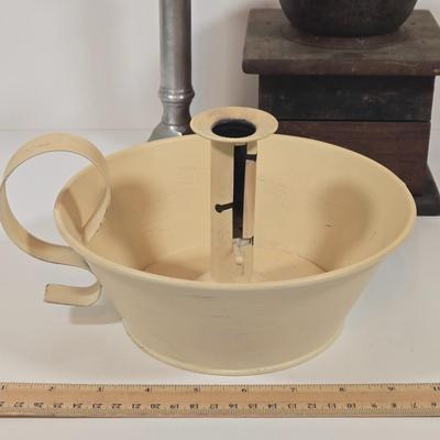 LOT 149: Primitive Tin Antique Poached Egg Maker, Antique Wood and Cast Iron Manuel Coffee Grinder, Chamberstick Candle Holder, and More