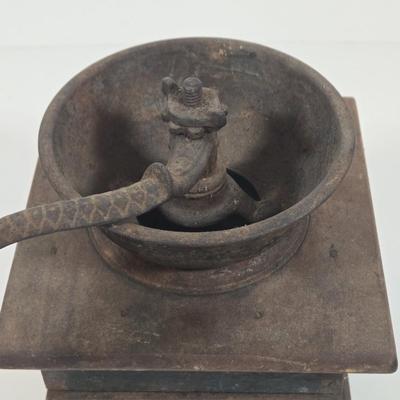 LOT 149: Primitive Tin Antique Poached Egg Maker, Antique Wood and Cast Iron Manuel Coffee Grinder, Chamberstick Candle Holder, and More