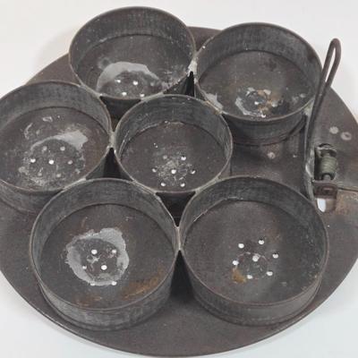 LOT 149: Primitive Tin Antique Poached Egg Maker, Antique Wood and Cast Iron Manuel Coffee Grinder, Chamberstick Candle Holder, and More